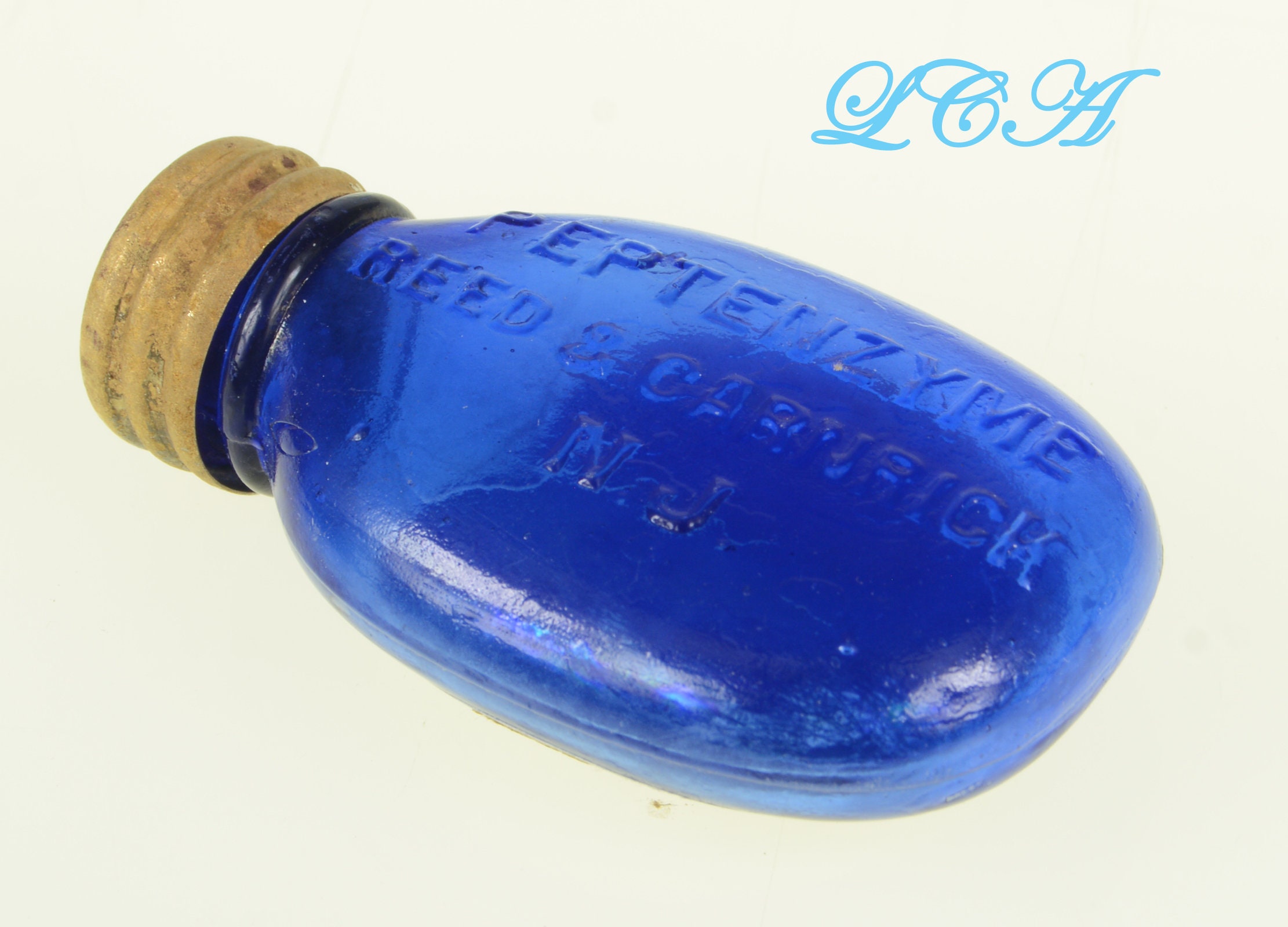 Tiny Antique COBALT BLUE Pill Bottle PEPTENZYME Digestive Tablets