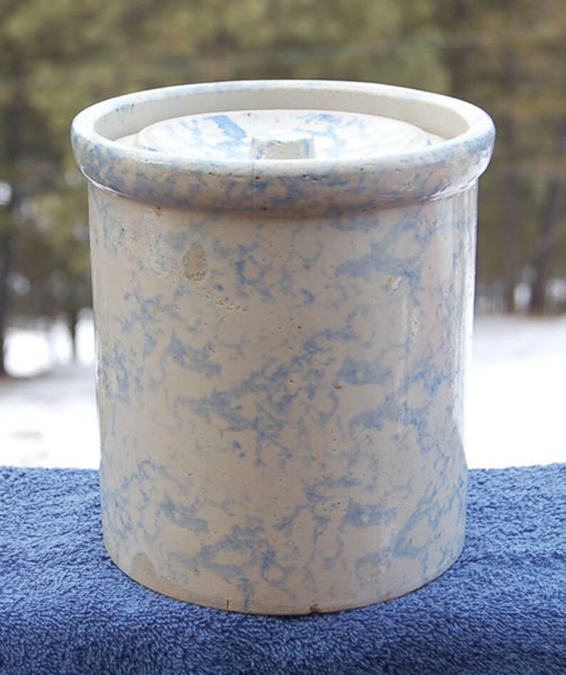 Excellent antique BLUE SPONGEWARE butter crock w/ lid REDWING Etsy