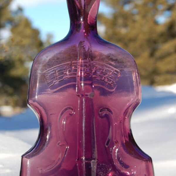 Large VIOLIN or CELLO shaped BOTTLE - Beautiful Figural Antique - Early hand blown example - Exquisitely deep purple amethyst color