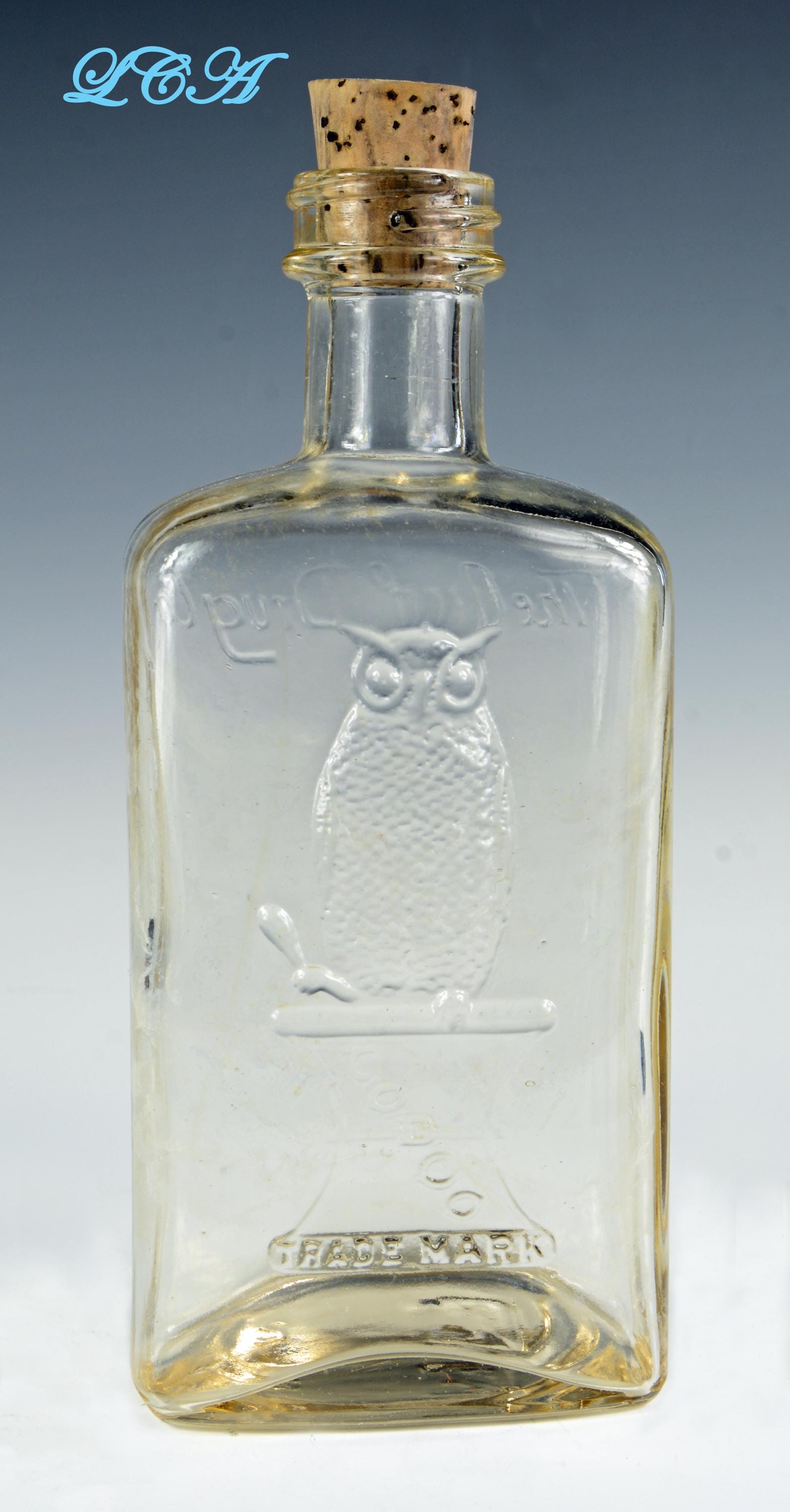 OLD antique OWL DRUG Co bottle w/ pic of owl San Francisco - larger Half Pint size - 6 1/4 inch tall