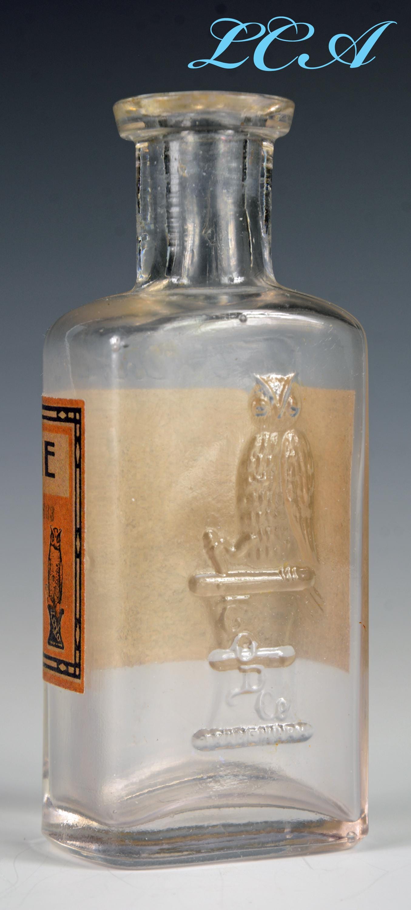 Antique OWL DRUG Co Bottle w/ pic owl bird on mortar and pestle San Francisco Cal bottle - 100 + yea