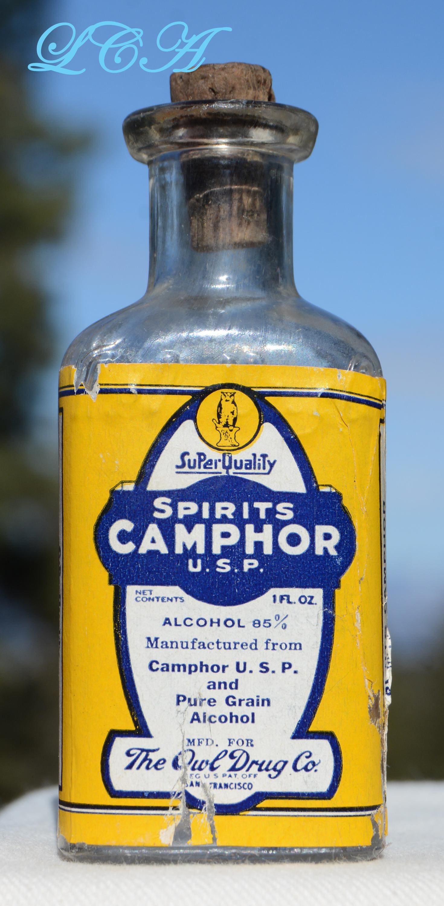 Antique OWL DRUG Co w/ original CAMPHOR paper label old Cork Top bottle 1 oz