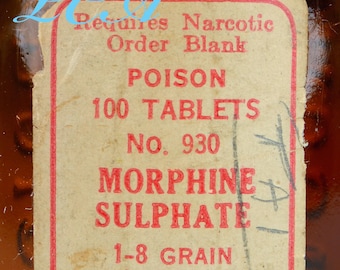 Botella antigua original de VENENO DE MORFINA de Eli LILLY Co. con tapón de corcho.