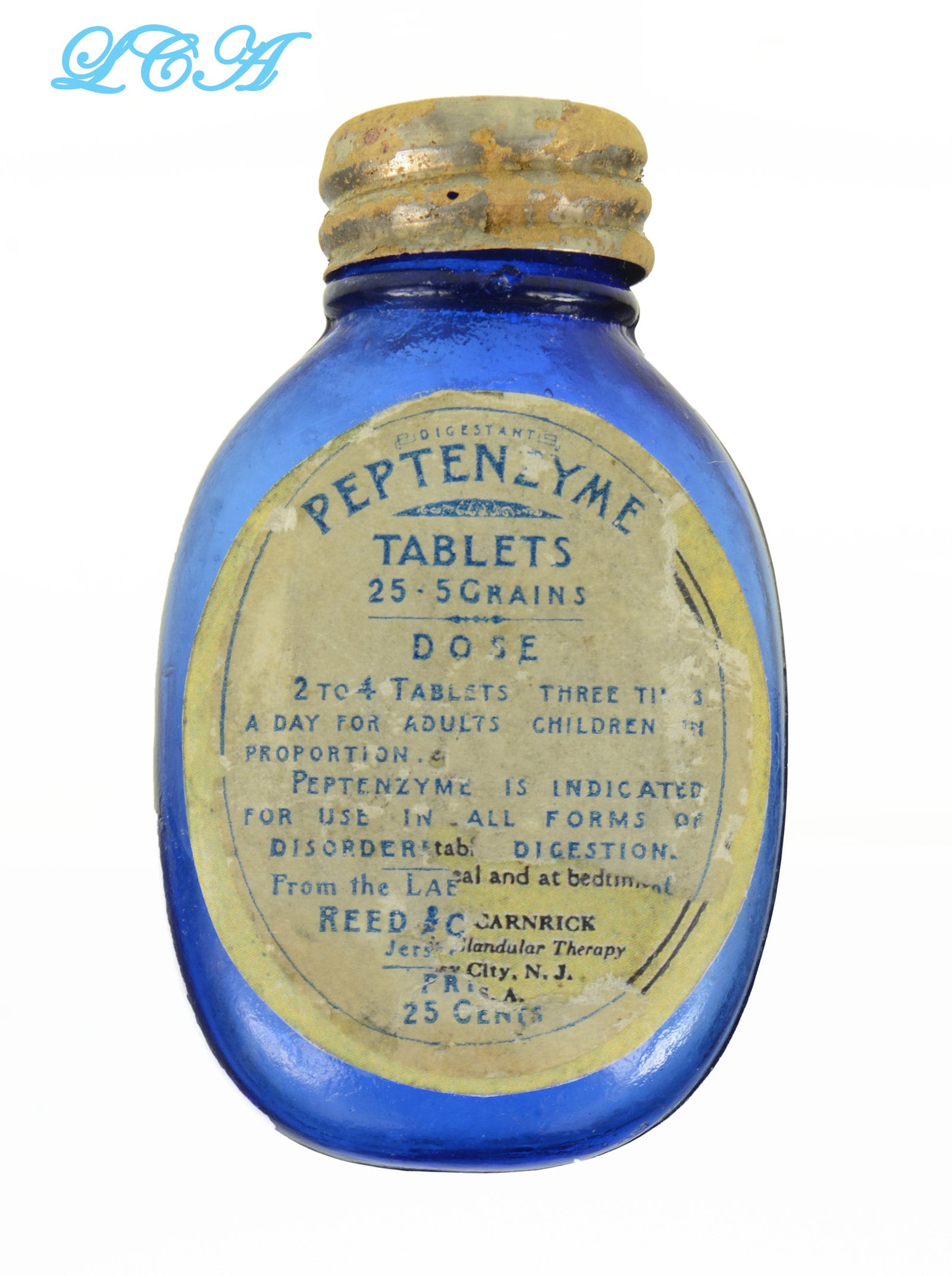 Tiny Antique COBALT BLUE Pill Bottle PEPTENZYME Digestive Tablets