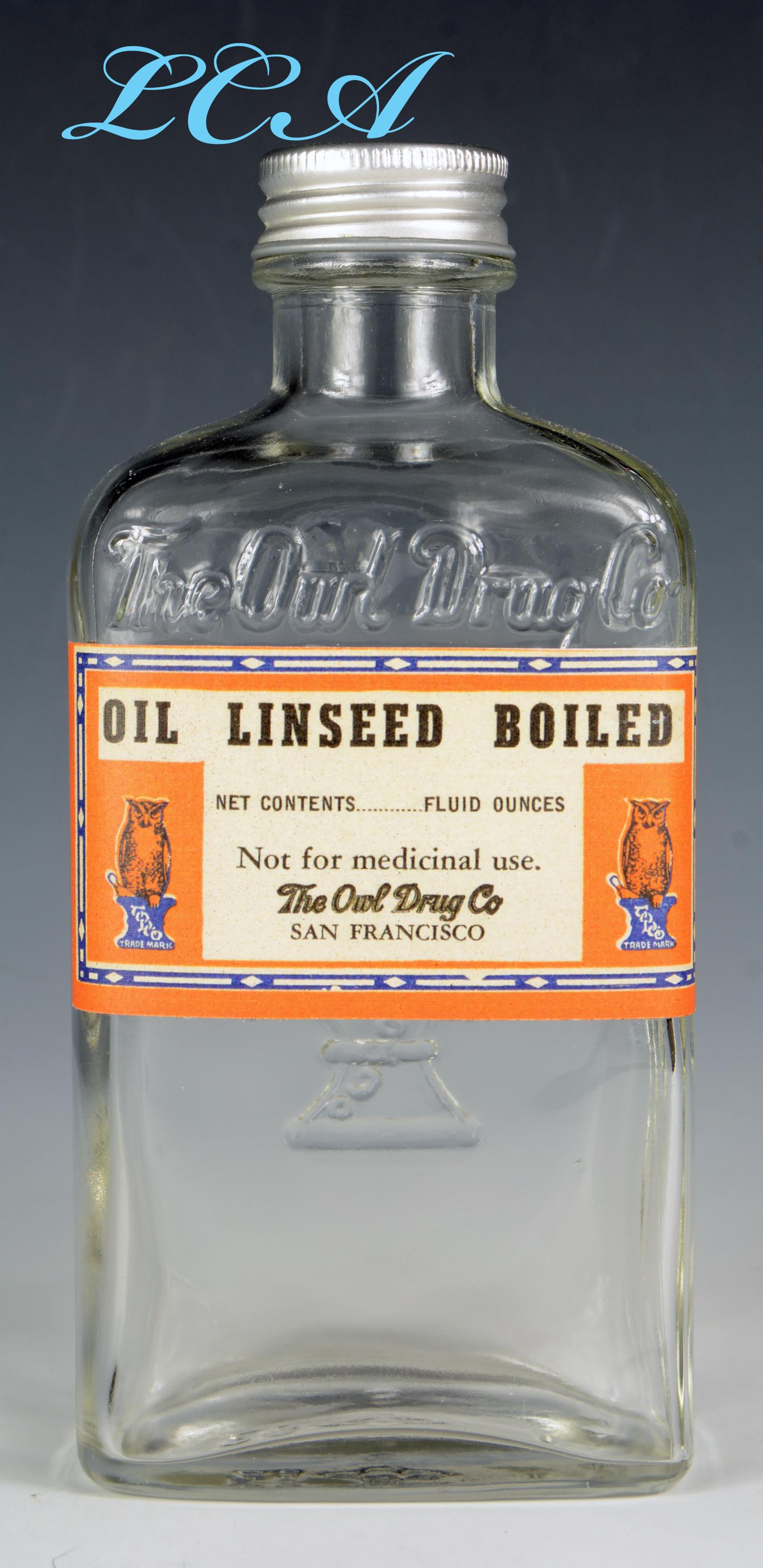 OLD antique OWL DRUG Co bottle w/ pic of owl San Francisco - larger Half Pint size - 6 inch tall