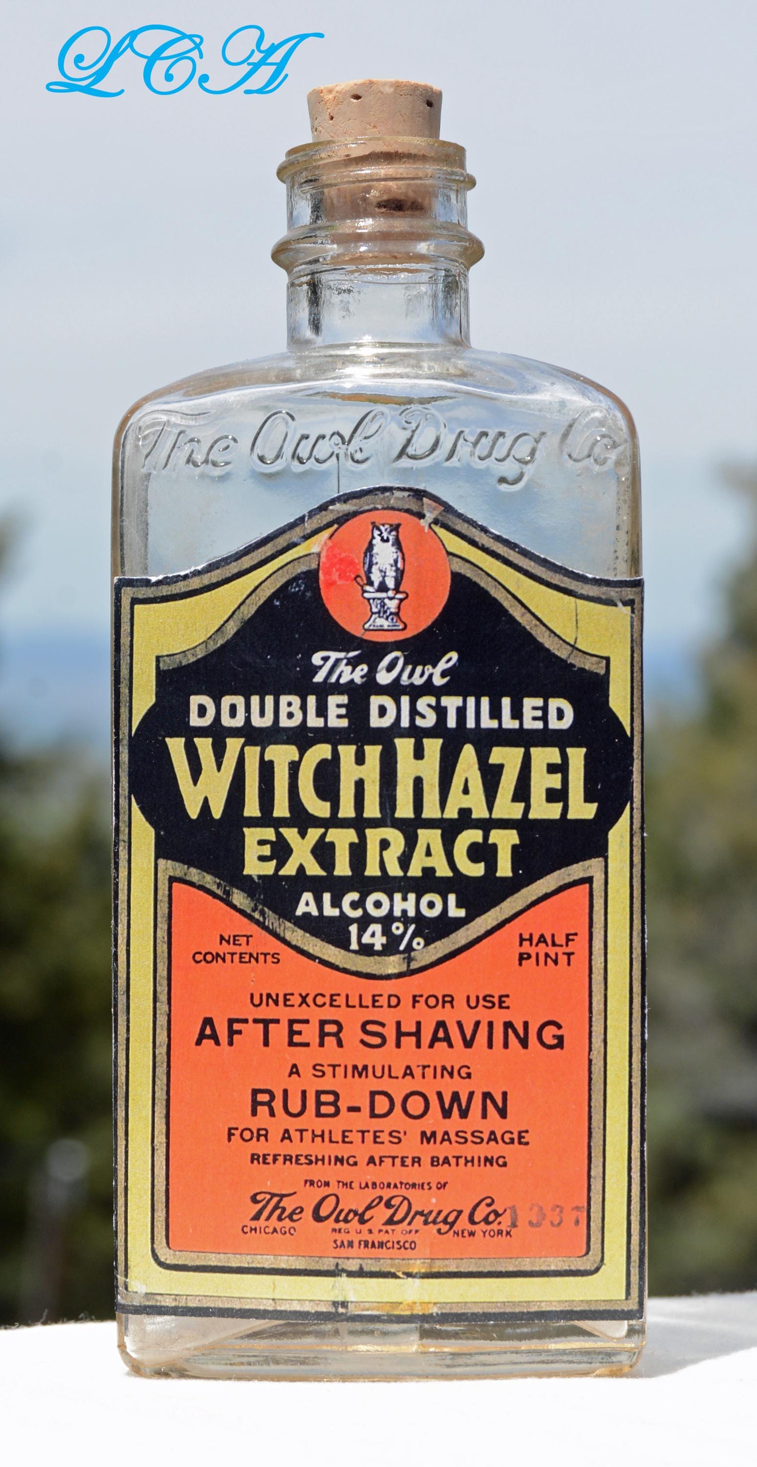 Unusual antique OWL DRUG Co bottle w/ pic Owl molded in oval glass panel and COPIED label