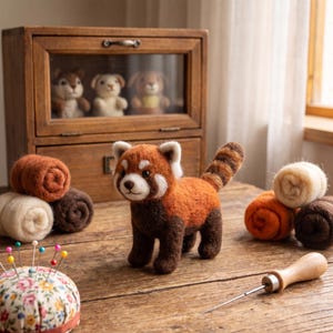 May include: A needle-felted red panda figurine with a striped tail, positioned on a wooden surface alongside several rolls of wool roving, a floral print pincushion with colorful pins, and a wooden-handled felting needle tool.