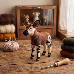Op de afbeelding: Een naaldgevilte okapi-figuur met een bruin lichaam, crèmekleurig gezicht en zwart-wit gestreepte poten. De okapi staat op een houten ondergrond naast een bloemrijk speldenkussen, een houten gereedschap en stapels gekleurde wol.