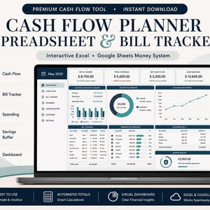 May include: A digital cash flow planner and bill tracker spreadsheet displayed on a laptop screen. The interface features a dashboard with financial summaries, a pie chart, bar graphs, and a list of upcoming bills for May 2025 in dark blue and white.