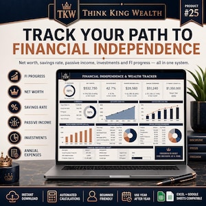 May include: A digital financial independence and wealth tracker displayed on a laptop screen. The dashboard features charts, graphs, and tables for tracking net worth, savings rate, passive income, investments, and annual expenses with the text Think King Wealth.
