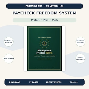 May include: A digital document titled Paycheck Freedom System, featuring a dark green cover with gold text and a central circular logo. The layout includes text labels for Paycheck Budget, Variable Income, Cash Buffer, and 90-Day Roadmap.