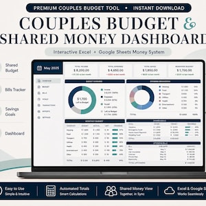 May include: A digital budget dashboard displayed on a laptop screen titled Couples Budget & Shared Money Dashboard. The interface features interactive charts, a monthly budget table, a spending breakdown, shared savings goals, and an upcoming bills list.