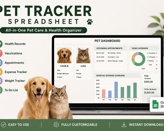 Pet Health Tracker Spreadsheet | Dog and Cat Care Planner | Pet Medication, Vet Vaccination Log |