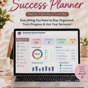 Może przedstawiać: Laptop z pulpitem nawigacyjnym Semester Success Planner dla programów Excel i Google Sheets. Ekran pokazuje średnią ocen 3,33, sumę punktów, ukończone zadania i wykres ocen. Tekst zawiera Semester Success Planner, Smart Study Better Results, Organize Your Courses, Track Assignments, Monitor Grades & GPA oraz Build Better Habits.