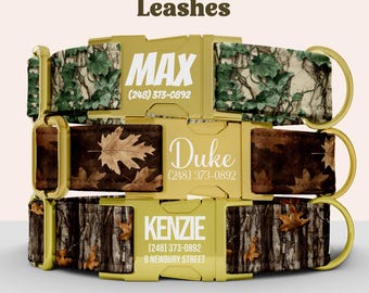 Conjunto de collar y correa de camuflaje para perros con hebilla metálica grabada personalizada con nombre personalizado. Collar de camuflaje realista con diseño de árbol y correa a juego para perro niño.