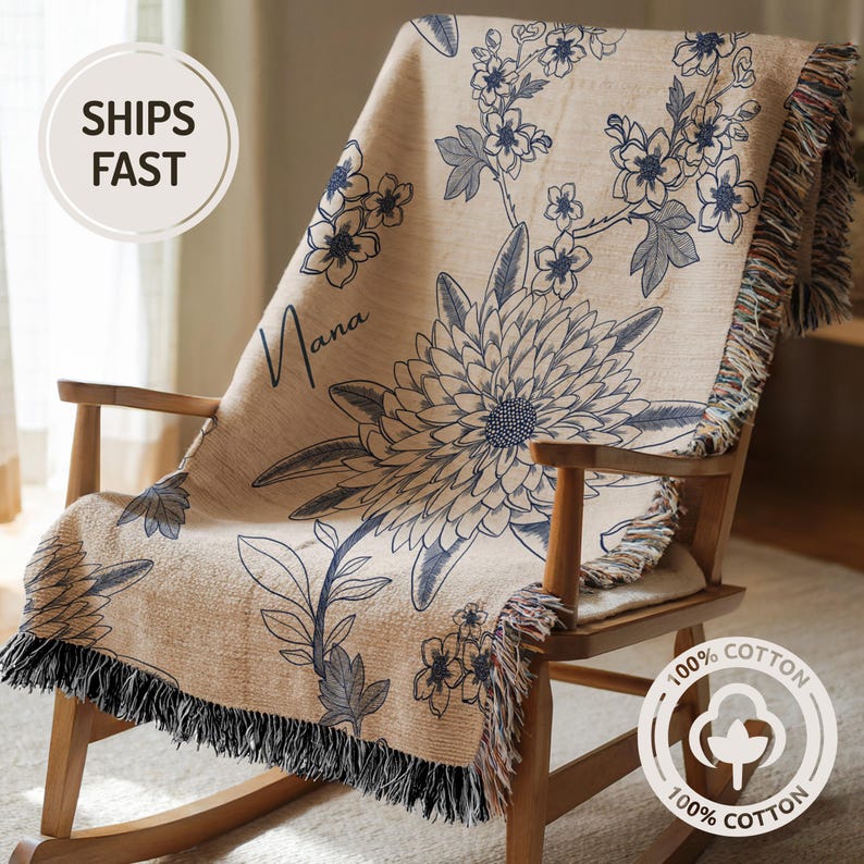 this beautiful cotton woven blanket for grandma with chinoiserie or toile navy blue floral design on 100 percent cotton is a unique customized gift for grandma. trendy and tasteful but cozy blanket for grandma, nana, gigi, meamaw, or mimi.