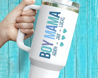 Boy Mom Tumbler With Handle Custom Kids Names Gift for Mom on Mother's Day 40oz Travel Mug Personalized Mom Gift for Mothers Day