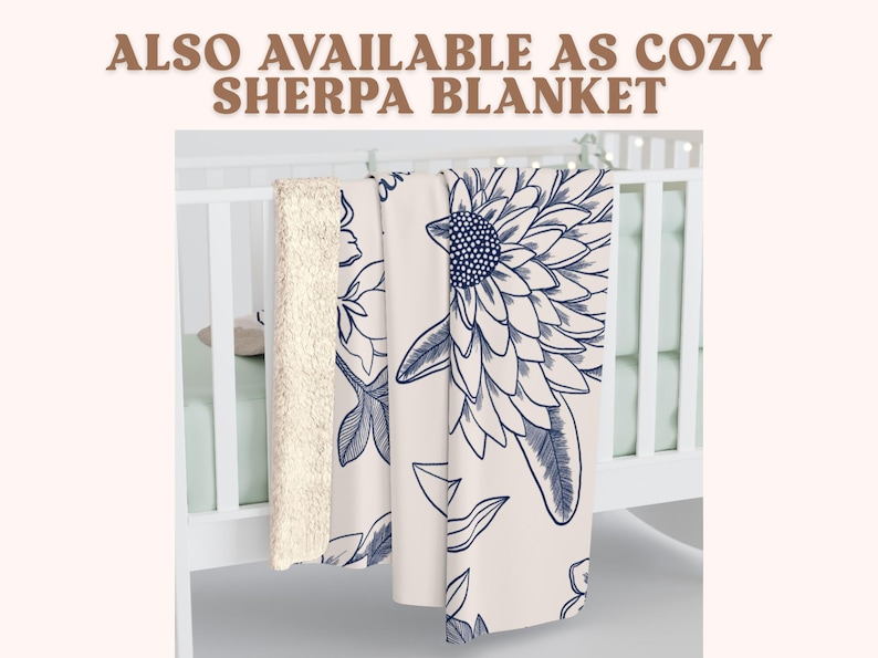 Sherpa fleece lined grandma blanket chinoiserie and toile blue with custom name and elegant, subtle design