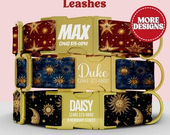 Celestial Dog Collar Leash Set Personalized, Engraved Metal Buckle Dog Collar Custom Name Plate Pet, Sun Moon Stars Astral Dog Collar Zodiac