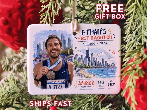 Marathon Ornament Custom, First Marathon Keepsake, Custom Photo, Time, City Location