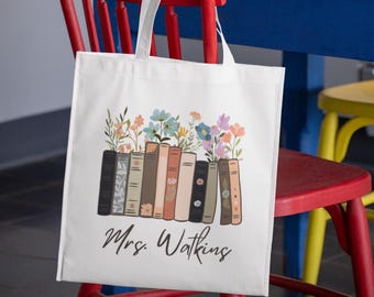 Book Lover Tote Bag Personalized Teacher Gift Floral Library Bag Literary Tote Custom Name Bookworm Gift Teacher Appreciation End of Year