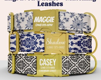 Toile Dog Collar Leash Set Personalized, Engraved Metal Buckle Dog Collar Custom Name Plate Pet, Floral Chinoiserie Dog Collar Blue or Black