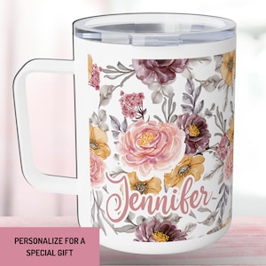 Personalized Floral Coffee Cup Insulated Travel Mug with Handle Personalized Stainless Steel Coffee Cup Floral Gift for Mom