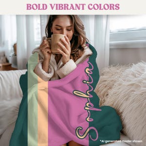 Personalized Color Block Blanket, Pink, Sherbet and Green Color Block Name Sherpa Fleece Blanket or Velveteen Plush Blanket with Custom Name