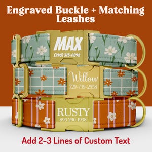 May include: Three pet collars with gold-tone buckles engraved with names and phone numbers. The top collar is sage green with white flowers, the middle is sage green with a white grid and orange flowers, and the bottom is orange with pink stripes and white flowers.