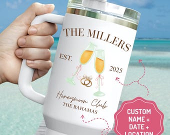 Custom Bride and Groom Honeymoon Gift Personalized Just Married Wedding Tumbler with Handle Mr and Mrs Mug Couple Gift Honeymoon Keepsake