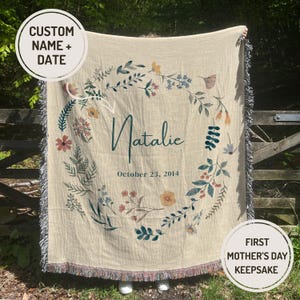 Manta de recuerdo para el primer día de la madre, manta de algodón personalizada con el nombre del bebé, decoración floral para la habitación de los niños, regalo para recién nacidos, manta para bebé, decoración para la habitación de los niños