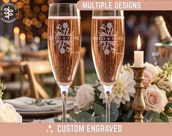 Wedding Couple Custom Toasting Glass, Champagne Flute, Stem or Stemless for Bride and Groom Toasting Glasses, Laser Engraved Pair of 2
