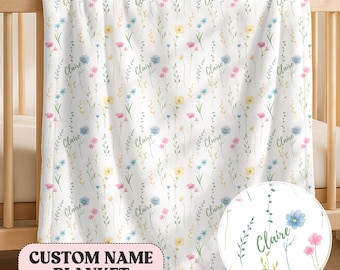 Custom Baby Girl Name Blanket, Baby Girl Blanket, Personalized Girl Blanket, Wildflower  Blanket with Name Pink Floral Custom Baby Name Gift