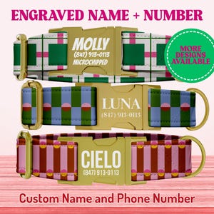 Striped Dog Collar Leash Set Personalized, Engraved Metal Buckle Dog Collar Custom Name Plate Pet, Stripes, Geometric, Colorful