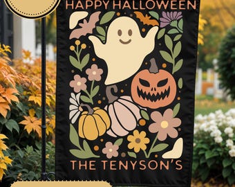 カスタム名ハロウィンガーデンフラッグ、屋外ヤードフラッグ、カボチャとゴーストのホームデコレーション、秋の家庭用装飾、秋のウェルカムサインハウスフラッグ