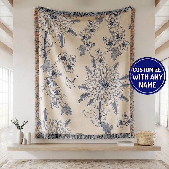 Personalized Grandma Blanket Grandparents Day Gift for Grandma Nana, Mimi, Custom Grandma Gift Birthday Present for Grandmother Chinoiserie