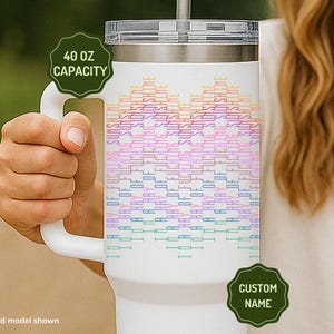 May include: A white 40 oz tumbler with a handle and a clear lid. The tumbler features a heart-shaped graphic composed of the repeating text 'A RAY OF FUCKING SUNSHINE' in a vertical gradient of orange, pink, purple, blue, and green colors.