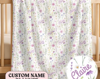 Wildflower Baby Blanket with Name Custom Baby Girl Name Blanket, Toddler Name Blanket Personalized Floral Girl Blanket Floral Baby Blanket