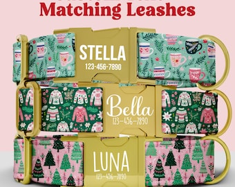 May include: Three dog collars with gold-tone buckles, each featuring custom text. The top collar has a light green mug pattern, the middle has a dark green sweater pattern, and the bottom has a pink Christmas tree pattern. Text reads Custom Text + Matching Leashes, STELLA 123-456-7890, Bella 123-456-7890, and LUNA 123-456-7890.