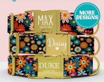 Daisy Dog Collar Leash Set Personalized, Engraved Metal Buckle Girl Dog Collar Custom Name Plate Pet, Floral Daisy Pet Collar Matching Leash