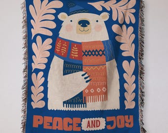 Manta navideña: recuerdo familiar, manta tejida navideña con diseño de oso polar, decoración moderna de invierno para el hogar, manta acogedora con animales y flores bohemias.