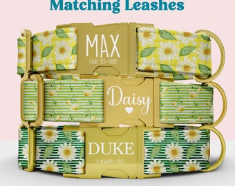 Daisy Dog Collar Leash Set Personalized Engraved Metal Buckle Girl Dog Collar Custom Pet Name Plate Floral Daisy Green Collar Matching Leash