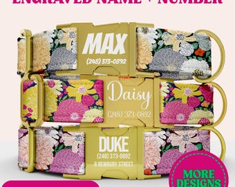 Floral Dog Collar Leash Set Personalized, Engraved Metal Buckle Dog Collar Custom Name Plate Pet, Modern Floral Collar and Matching Leash