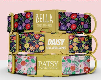 Floral Dog Collar Leash Set Personalized Engraved Metal Buckle Dog Collar Custom Name Plate Pet Modern Floral Collar and Matching Leash Girl