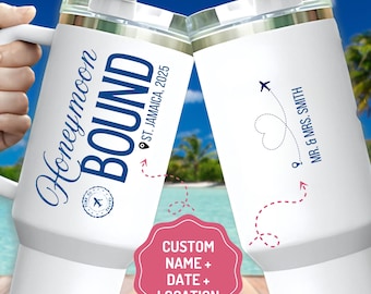 Personalized Honeymoon Travel Gift 40oz Tumbler with Handle Just Married Gift for Couple Beach Vacation Tumbler Honeymoon Bound Cup
