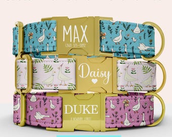 Goose Dog Collar Leash Set Personalized, Engraved Metal Buckle Dog Collar Custom Name Plate Pet, Silly Goose Pet Collar and Matching Leash