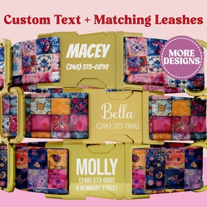 May include: Three dog collars with a multicolored patchwork pattern featuring blue, pink, and orange squares. Each collar has a gold-toned plastic buckle engraved with names like MACEY, Bella, and MOLLY, plus phone numbers and an address.