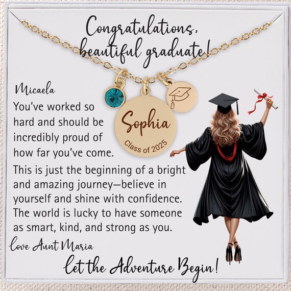 The Adventure Begins Graduation Gift Custom Necklace Gift Card