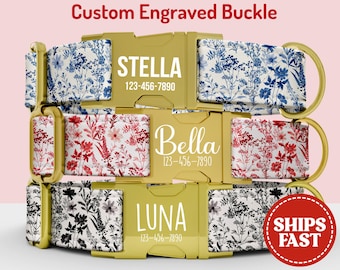 Toile Dog Collar Leash Set Personalized, Engraved Metal Buckle Dog Collar Custom Name Plate Pet, Floral Chinoiserie, Pink, Blue or Black