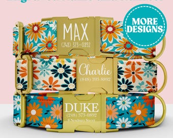 Daisy Dog Collar Leash Set Personalized, Engraved Metal Buckle Dog Collar Custom Name Plate Pet, Floral Daisy Pet Collar with Matching Leash